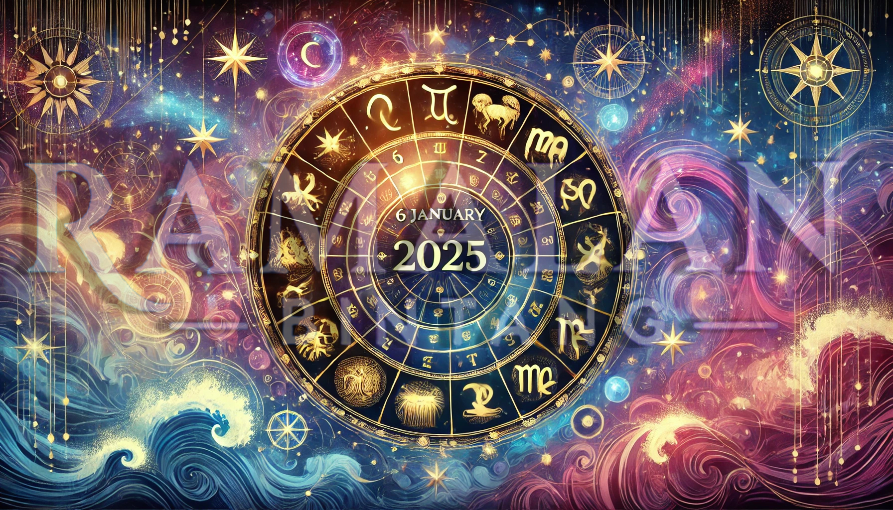 Ilustrasi ramalan zodiak harian untuk 6 Januari 2025 dengan latar belakang kosmik yang menampilkan roda zodiak berisi 12 simbol zodiak, konstelasi bintang, dan elemen astrologi. Gambar ini merepresentasikan artikel ramalan bintang harian yang mencakup prediksi tentang karier, percintaan, dan keuangan untuk setiap zodiak, memberikan kesan mistis dan penuh inspirasi yang sesuai dengan tema astrologi.